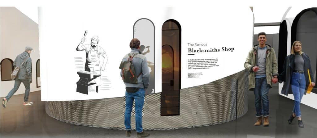 CGI image of the new The Blacksmiths Shop showing people enjoying the installations telling the story of the facility's past