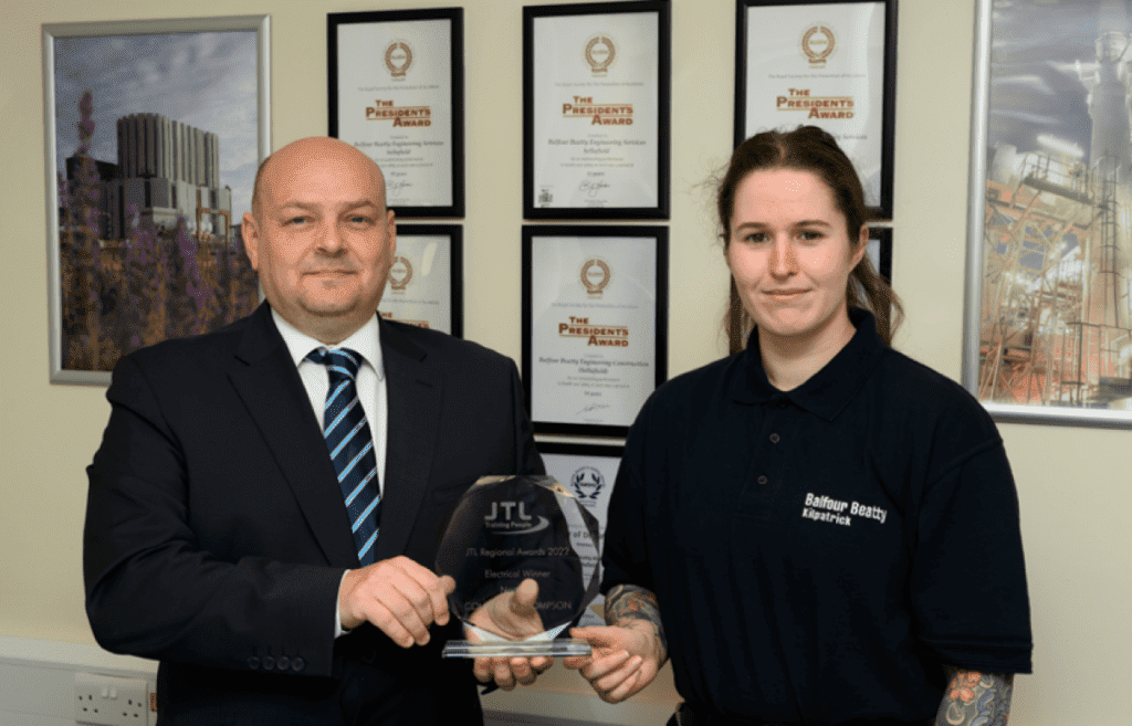 Award winner Courteney Thompson with Gary Hodgkison, JTL learner assessment manager for the northern region