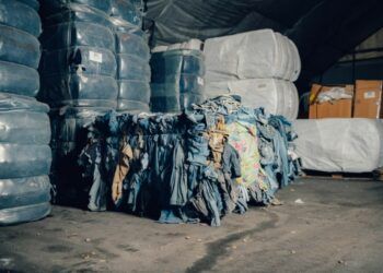 A bale of discarded jeans at James Cropper