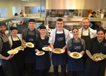 English Lakes Hotels Culinary Academy students (left to right) Travis Locke, Rebecca Atkinson, Jonny Marriott, Abbie Spencer, Charlie Henderson, Maria Cheetham, Daniel Winstanley (Group Training & Development Chef) Bryan Rojas.