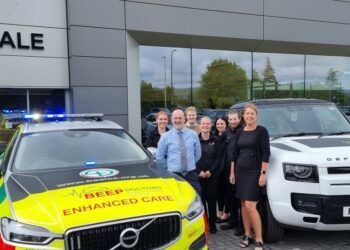 The team at Kentdale Landrover with the BEEP Emergency response vehicle and the landrover which is part of the roadshow