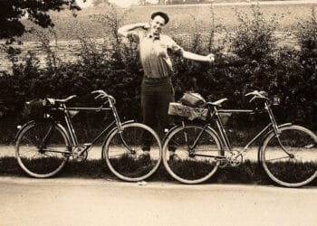 Loyal Johnson with the two bicycles hired for the adventurous gardens trip. Photo credit: RHS Lindley Collections