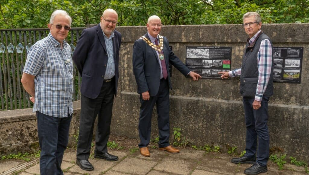 Graham Worsnop from the Cumbrian Railways Association, Steve Hughes, nephew of Tom Hughes, Andy Semple, Town Mayor and Phil Campbell, Chairman of Cockermouth Civic Trust.