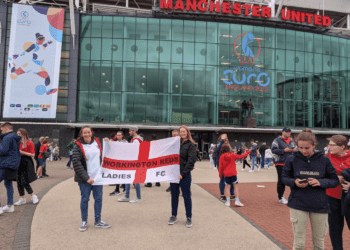 Laura Miller and Rebecca Scott flying the team's flag at the Euros