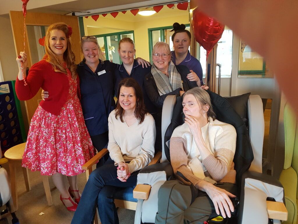 Sue Hayman with Ann, Cindy Hoten and Dalton Court staff on Ann and Graeme's 20th Anniversary 14 February