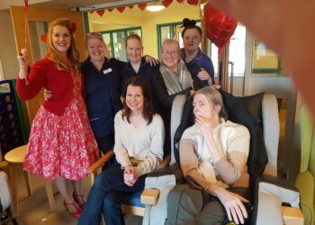 Sue Hayman with Ann, Cindy Hoten and Dalton Court staff on Ann and Graeme's 20th Anniversary 14 February